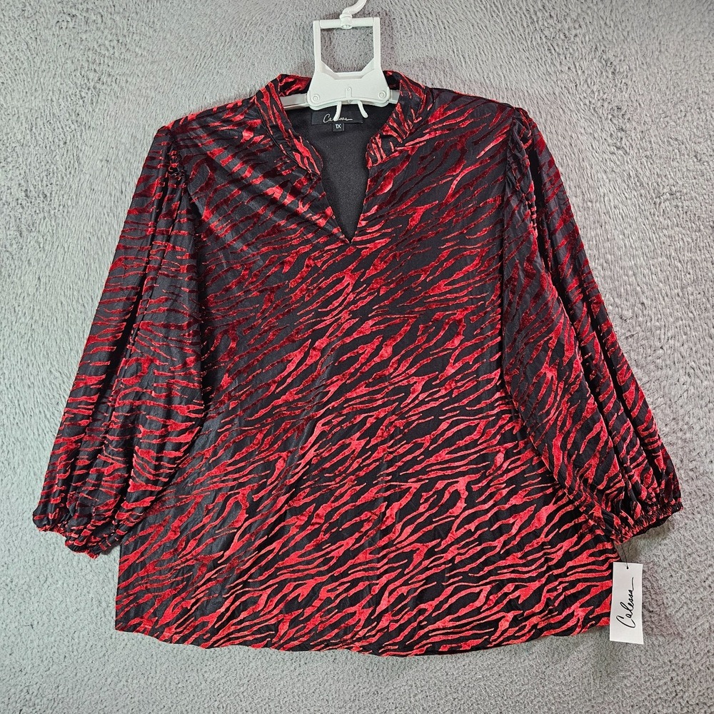 NEW‎ Calessa Top Blouse Women 1X Stretch Zebra Print Split Neck Red Black Comfy